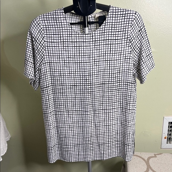 Eileen Fisher Tops - Eileen Fisher Bateau Neck Grid Print Organic Linen Short Sleeve Blouse, Size SP